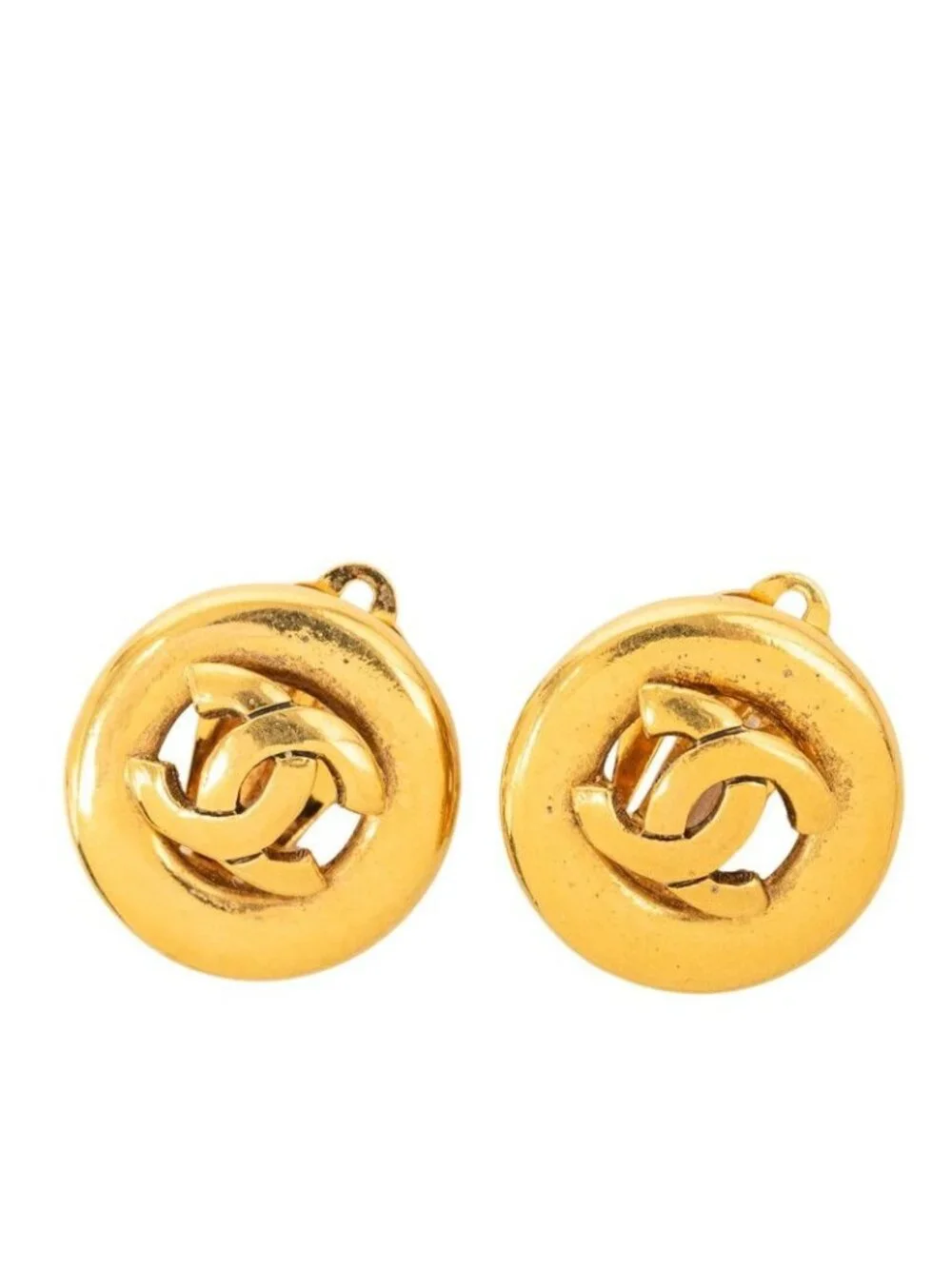 Chanel CC Logo Round Circle Earrings Gold Plated